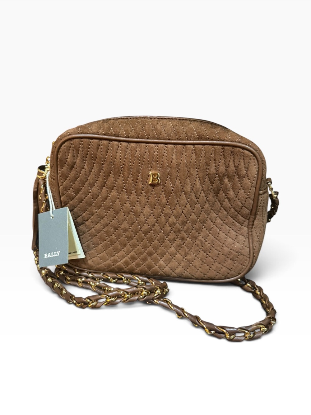 Bally Amera Mocha Suede Quilted Camera Crossbody Bag Gold Chain NWT - Picture 9 of 11